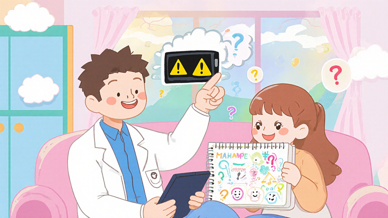 A doctor and patient discussing a black box warning using a tablet, in a warm, kawaii-style clinic setting.