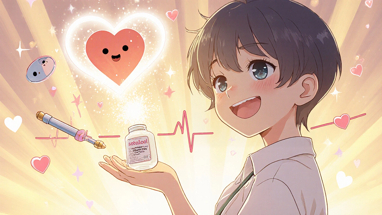 A patient tossing away sotalol pills as a glowing ablation wand shines behind them.