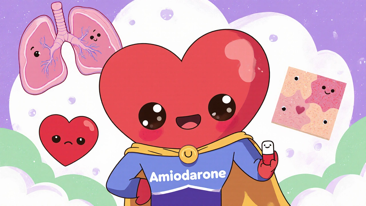 A superhero heart with amiodarone cape next to worried organs, with a smaller heart holding dronedarone.
