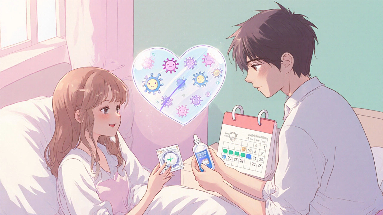 Adorable couple using condoms and lubricant, with cartoon virus icons being blocked.