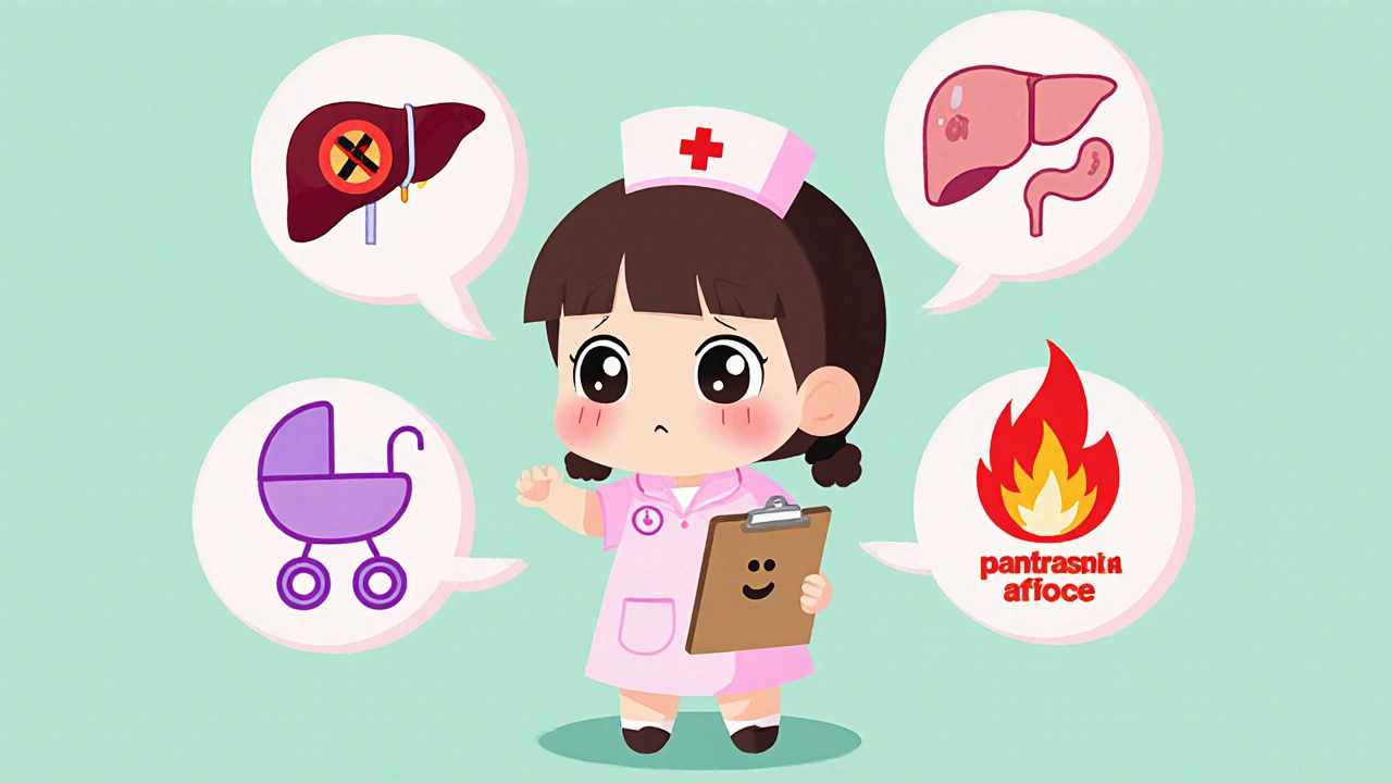 Adorable nurse with icons for liver risk, pregnancy warning, and pancreas inflammation.