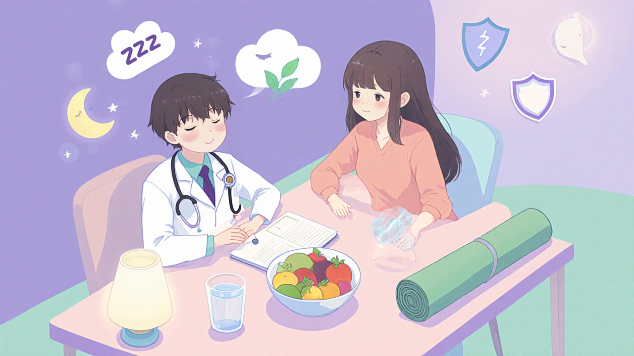 Anime doctor and patient reviewing a diary, surrounded by fruit, water, and wellness icons.