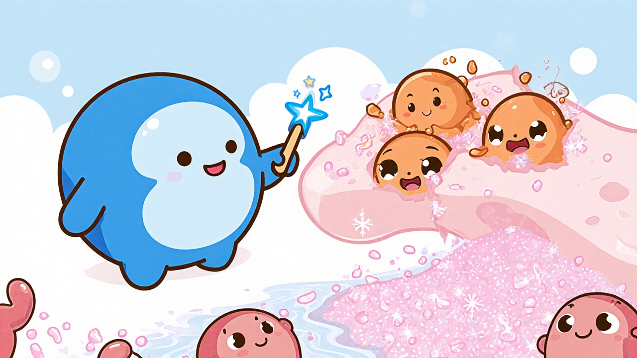 Calcitonin mascot stops orange osteoclasts and shows kidneys excreting calcium droplets.