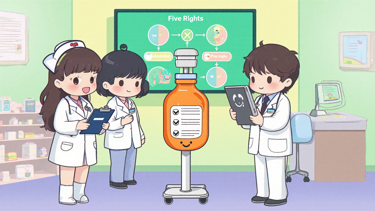 Chibi healthcare team double‑checking a smiling insulin bag during a training simulation.
