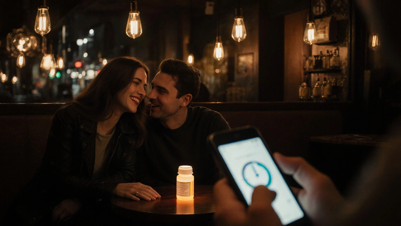 Couple enjoying a spontaneous night out, with subtle hints of a prescription bottle and timer suggesting quick‑acting medication.