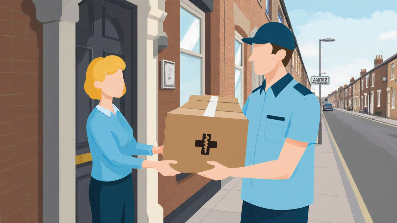 Courier delivers a sealed medication box to a suburban home.