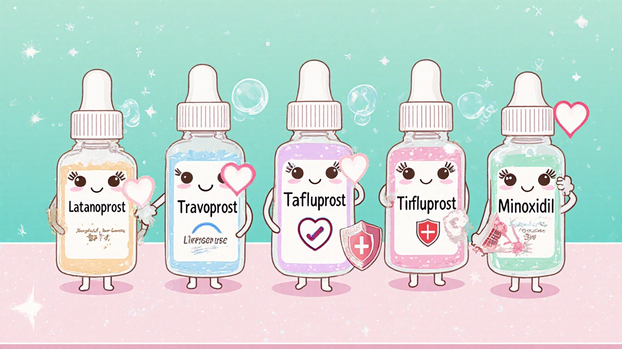 Cute mascot bottles representing different lash treatments with side‑effect icons.