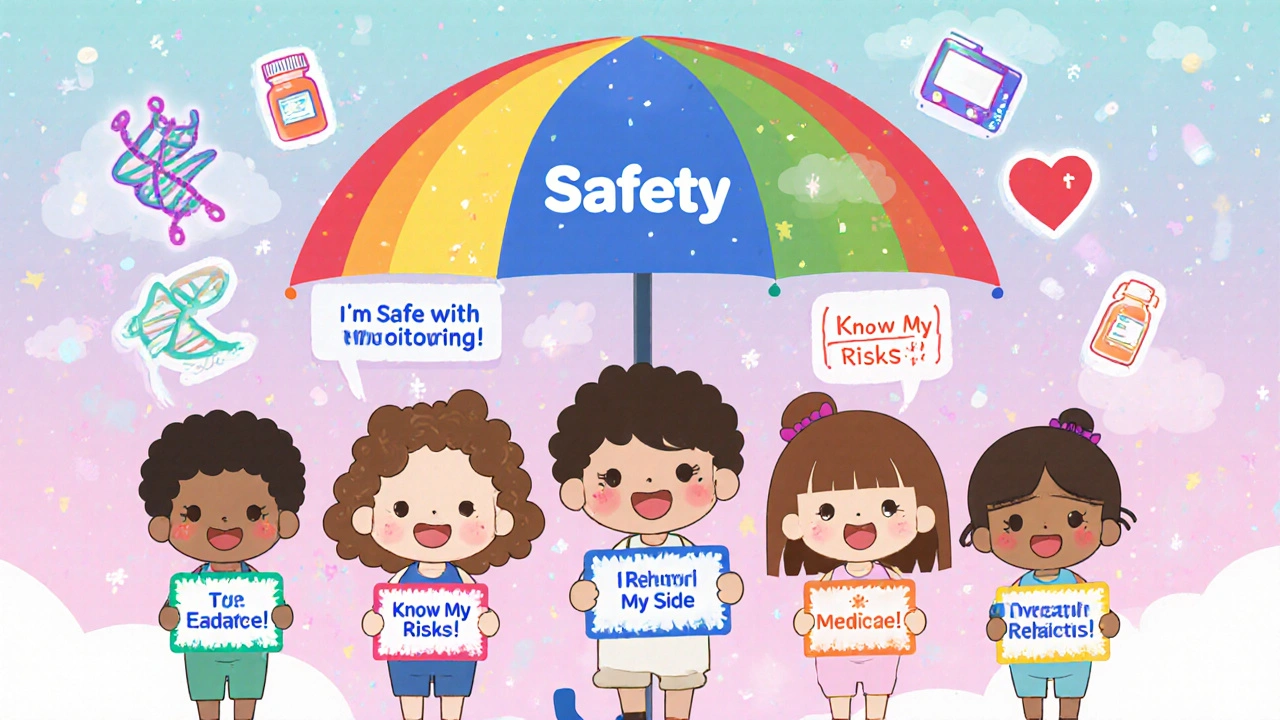 Diverse cartoon patients holding safety signs under a rainbow umbrella labeled 'FDA Safety'.