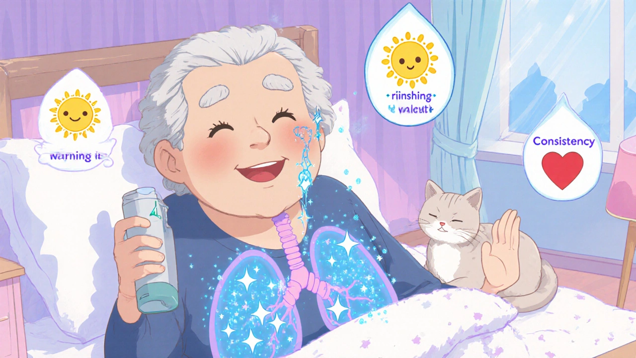 Elderly person inhaling mist from a Respimat inhaler with glowing particles entering their chest.