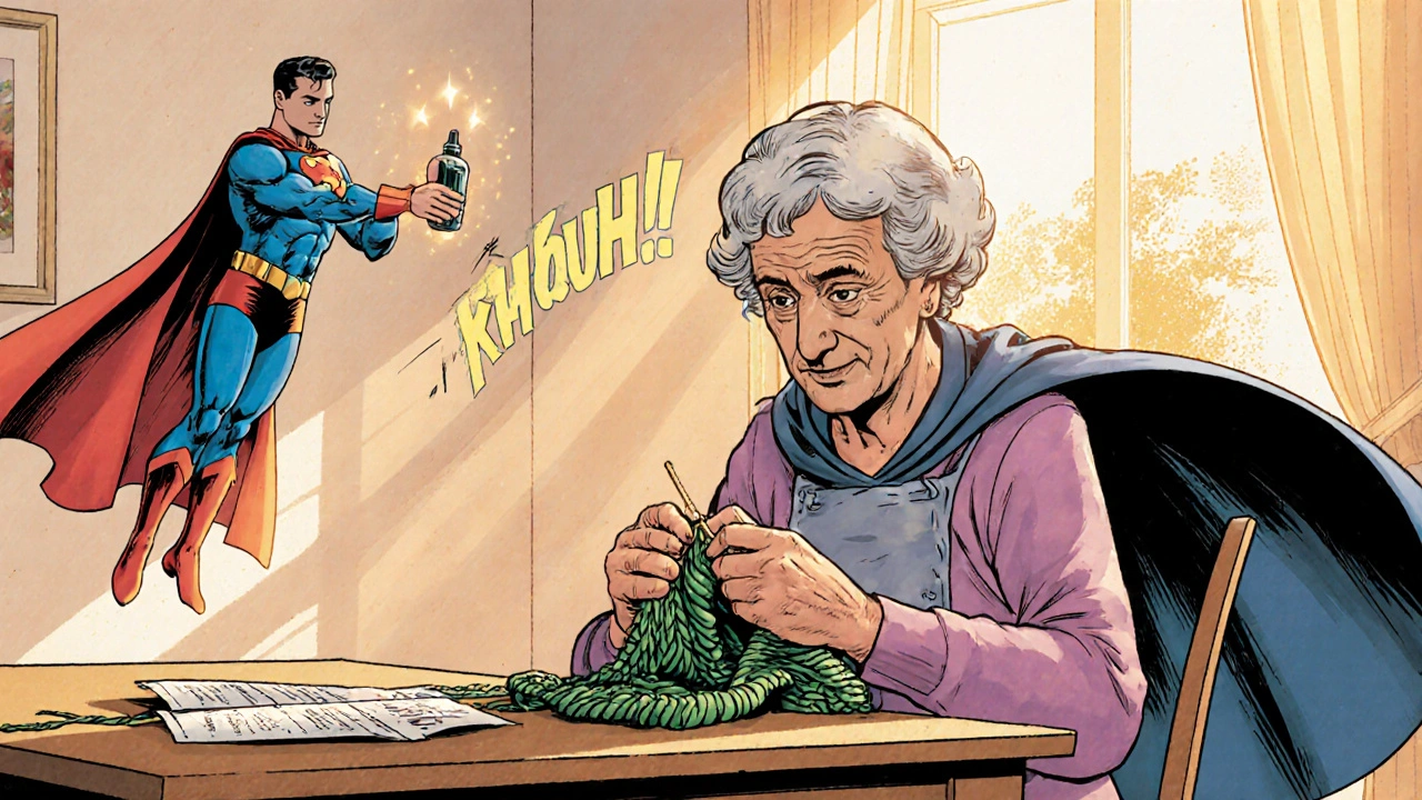 Elderly woman reading knitting pattern with bright eyes, hero offering a drop.