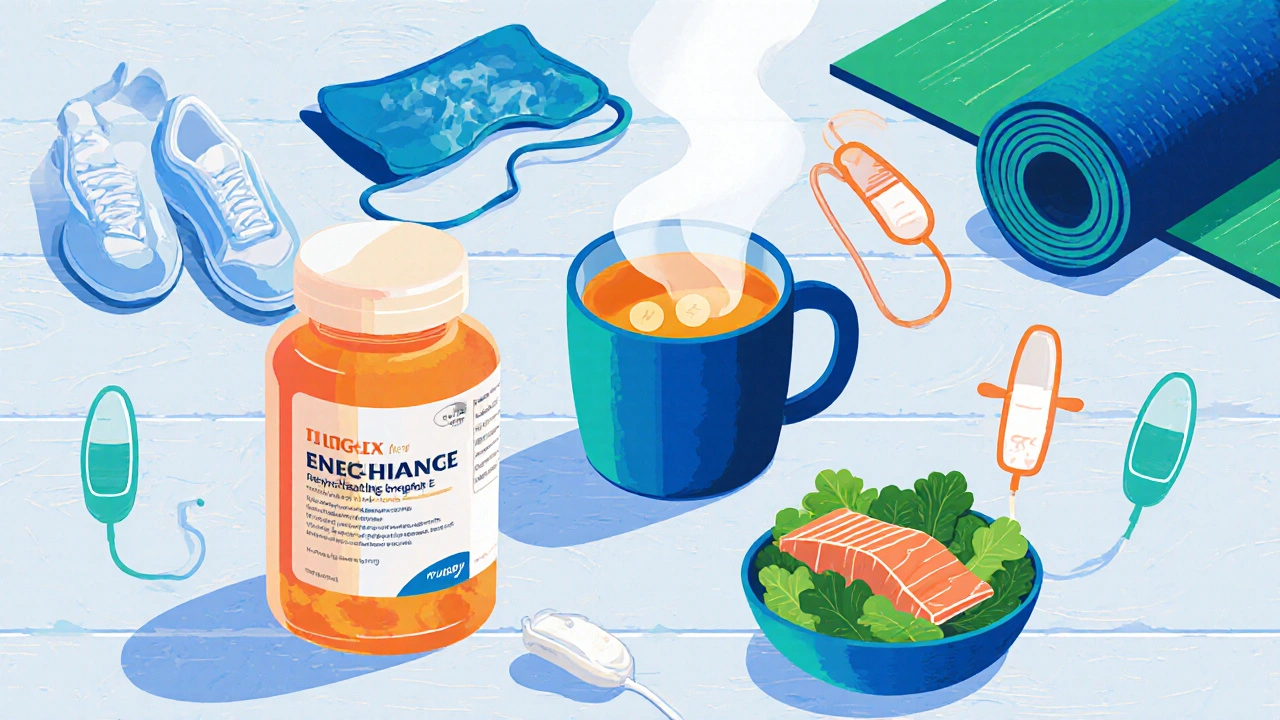 Flat‑lay of ibuprofen, heating pad, ginger tea, IUD, exercise gear, and healthy foods.