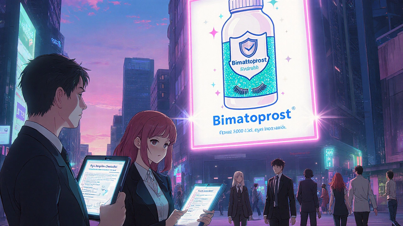 Futuristic anime city with Bimatoprost billboard, regulators reviewing forms, people with varied lashes.