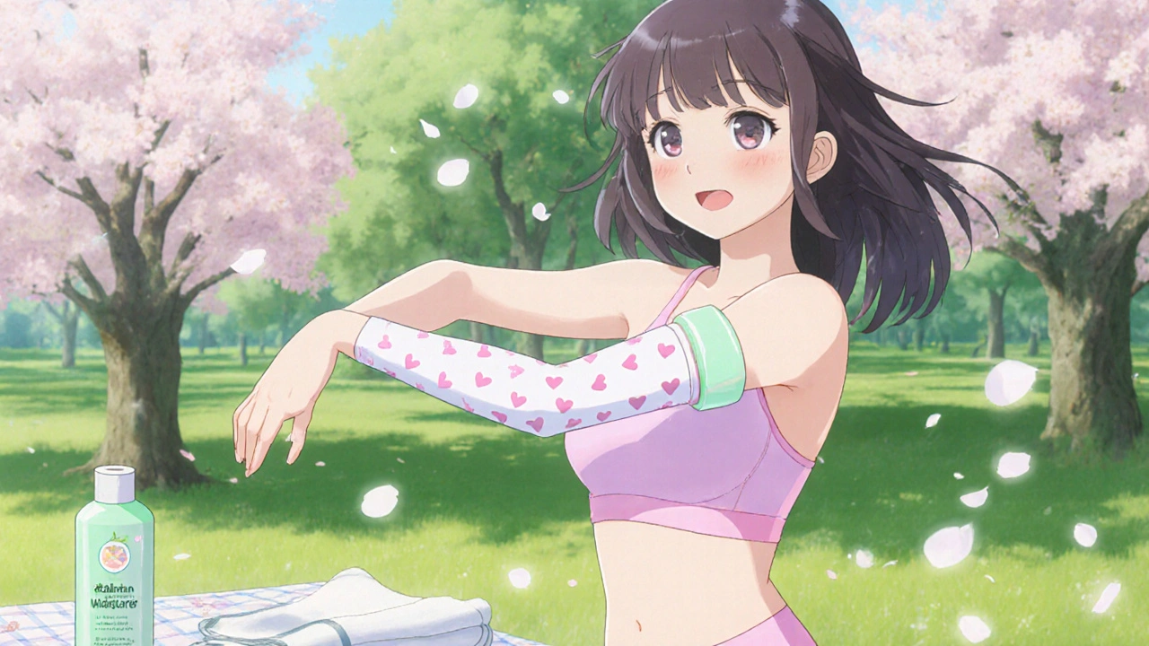 Girl doing shoulder rolls in a park, wearing a heart‑patterned sleeve and holding moisturizer.