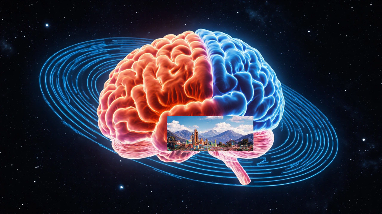 Glowing brain with highlighted limbic system and swirling theta waves surrounding a dream scene.
