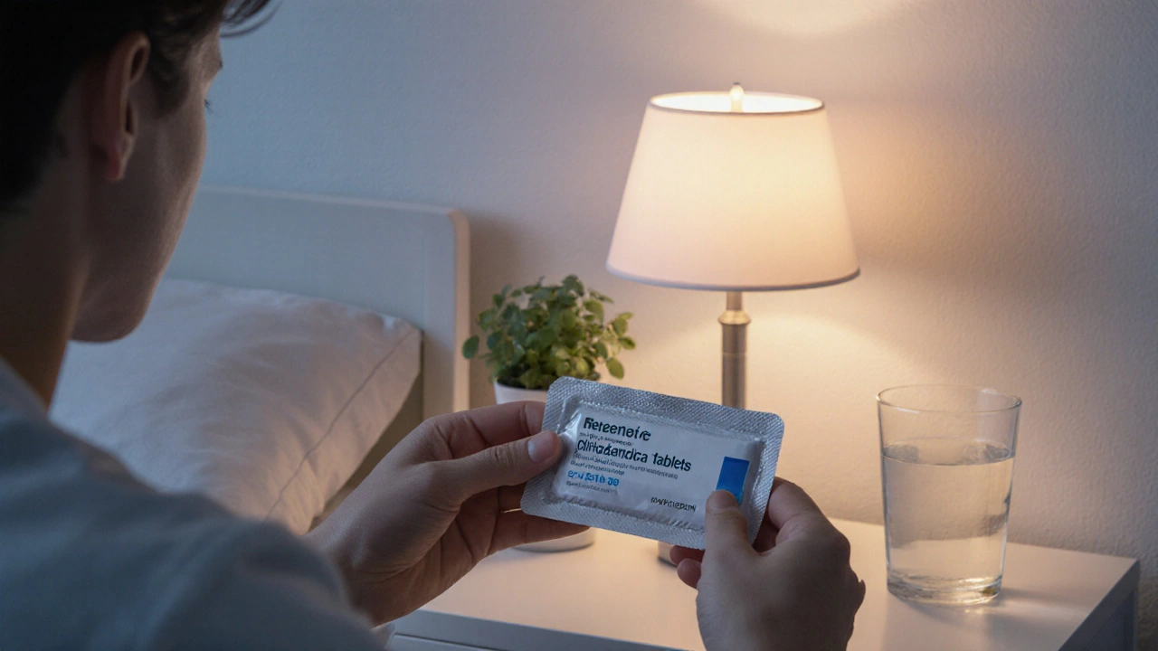 Hand opening a parcel to reveal clindamycin blister pack on bedside table at dusk.