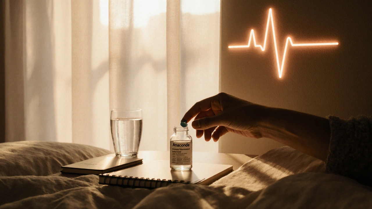 Hand reaching for an Anaconda tablet on a bedside table bathed in sunrise light.