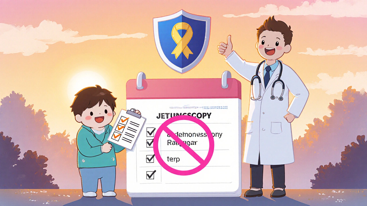 Happy patient with marked calendar, checklist, and smiling doctor celebrating colonoscopy schedule.