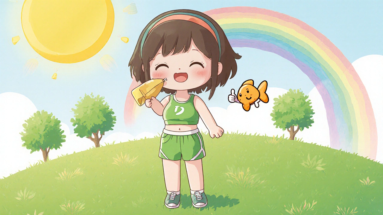 Happy teen girl under sun holding cheese and fish, with tiny hormone mascots cheering.