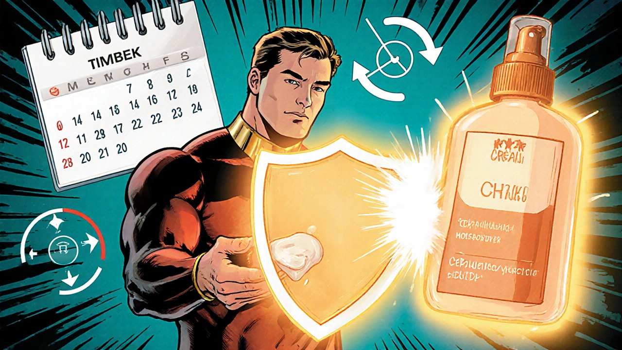 Hero guides patient to apply cream, moisturizer, and rotate sites for barrier repair.