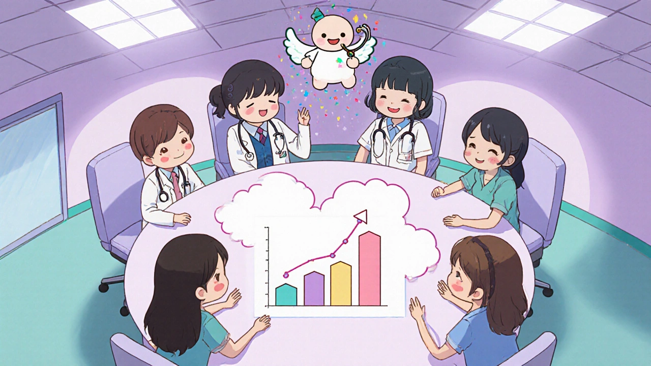 Hospital staff celebrating with a pastel chart and guardian‑angel mascot in a collaborative huddle.