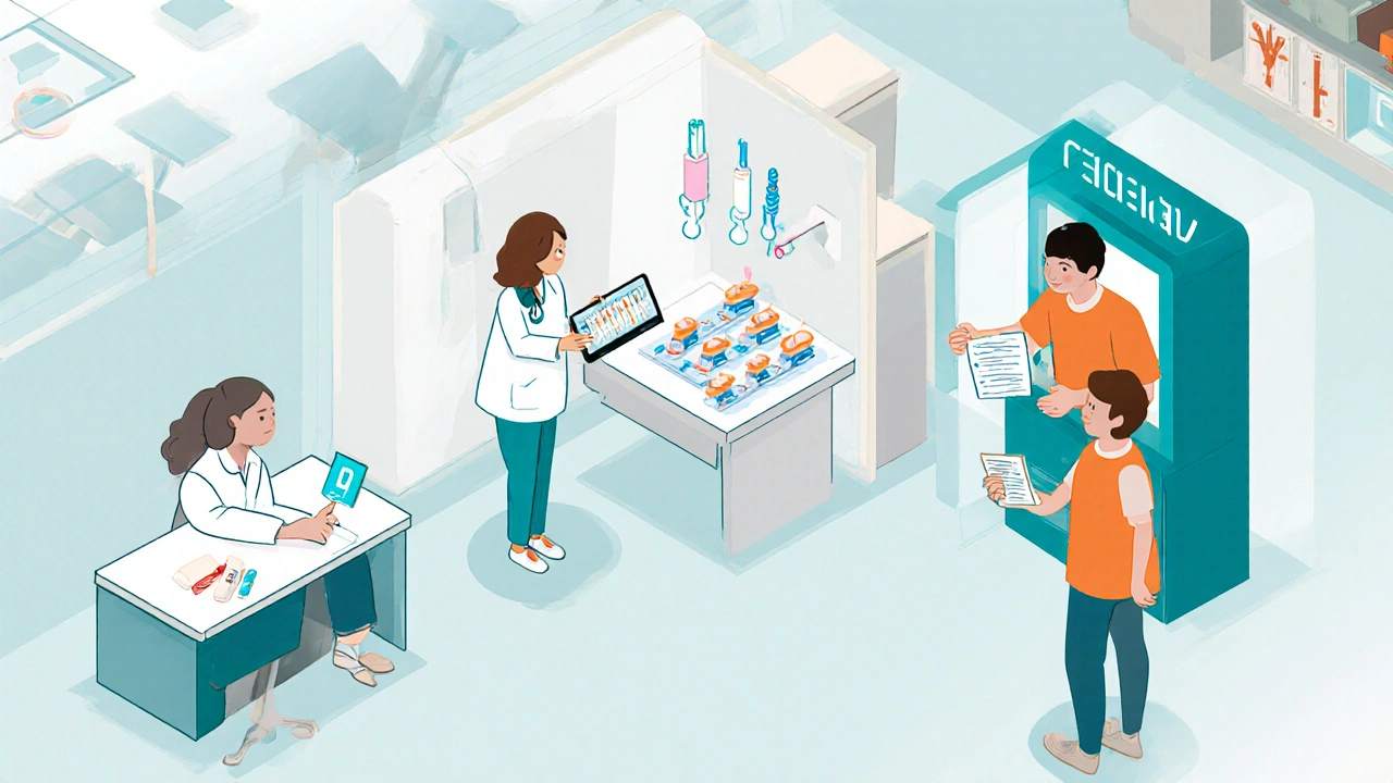 Illustration of a school health clinic with counseling, contraceptive devices, and STI testing stations.