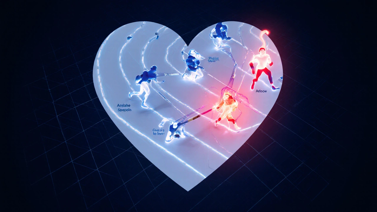 Illustration of heart conduction as a relay race showing stress and low potassium effects.