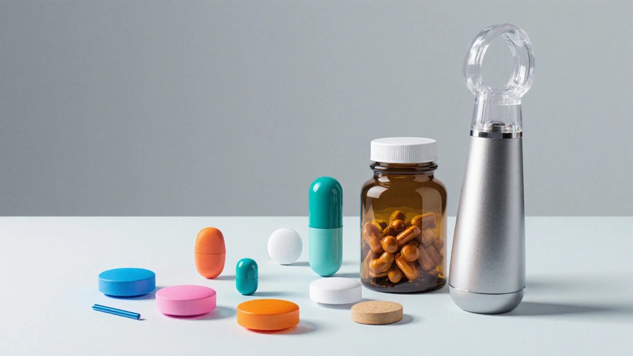 Illustration of various ED treatment items arranged together.