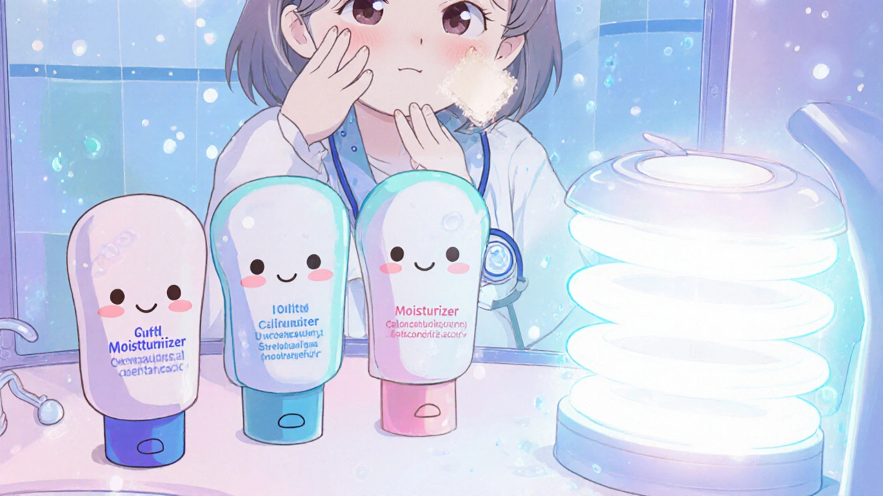 Kawaii bathroom scene with smiling skincare products and a dermatologist pointing to a phototherapy lamp.