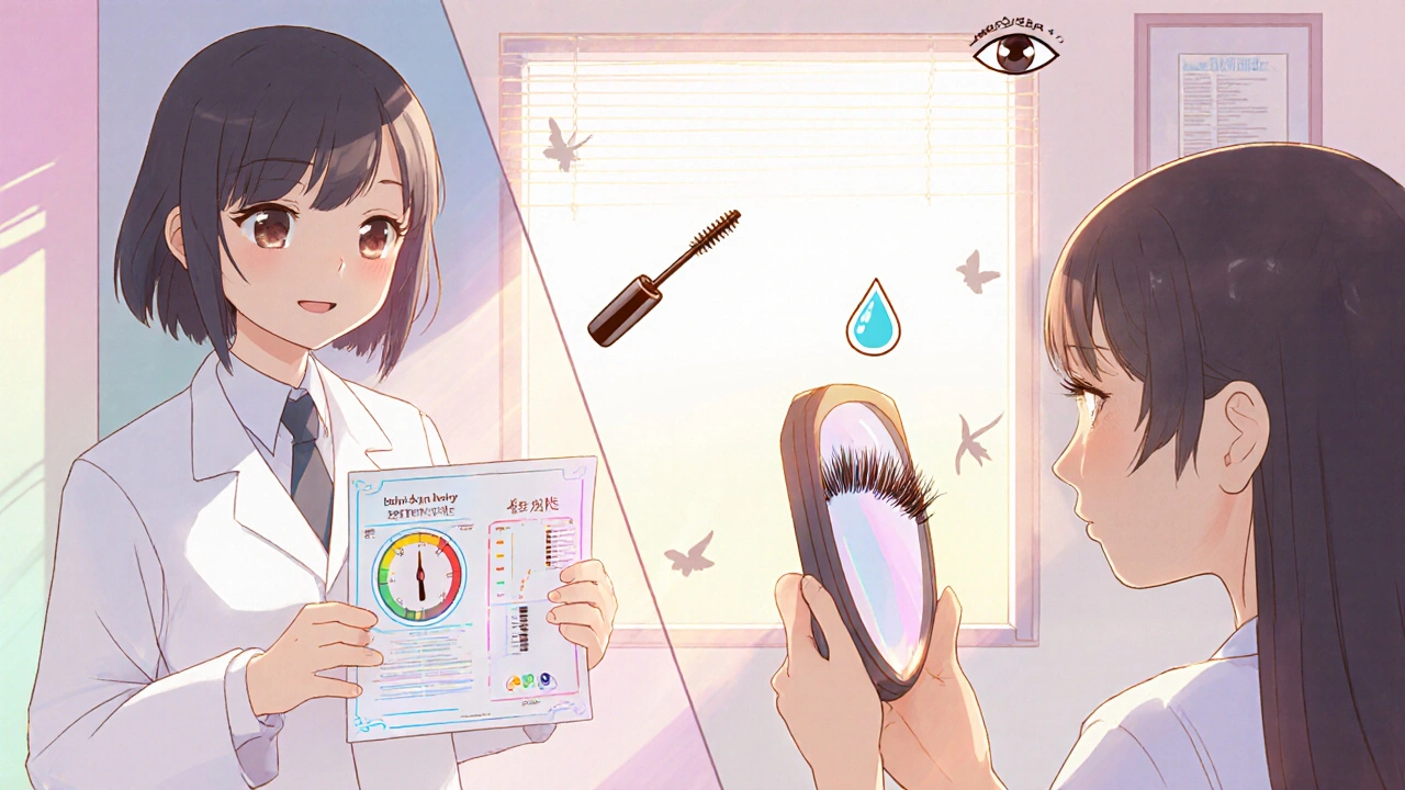 Kawaii clinic scene split between eye‑pressure chart and patient viewing lush eyelashes.