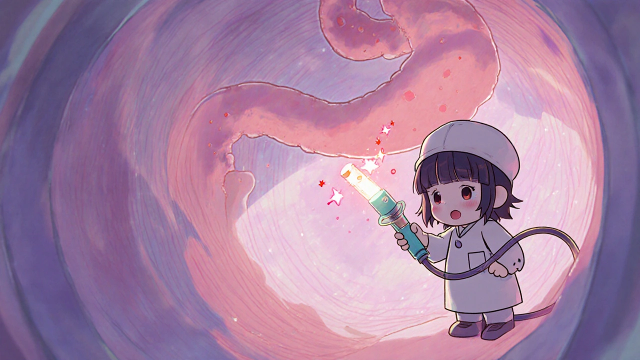 Kawaii doctor guiding a glowing endoscope through a pastel colon with sparkling biopsy tools.