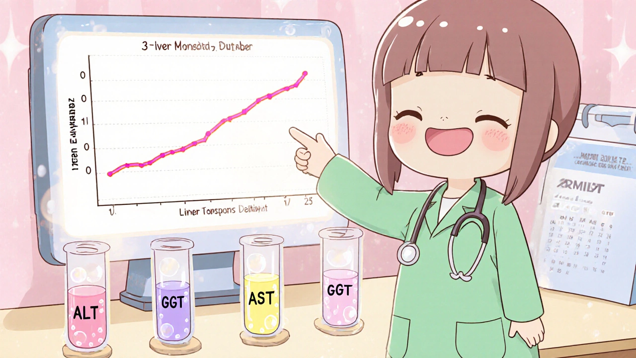 Kawaii liver lab bench with test tubes and a doctor showing enzyme levels on a monitor.