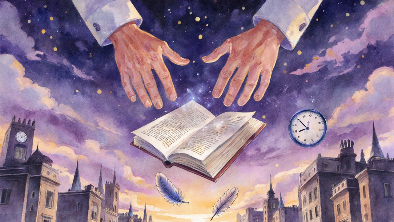 Lucid dreamer levitating over a surreal city, manipulating floating objects.