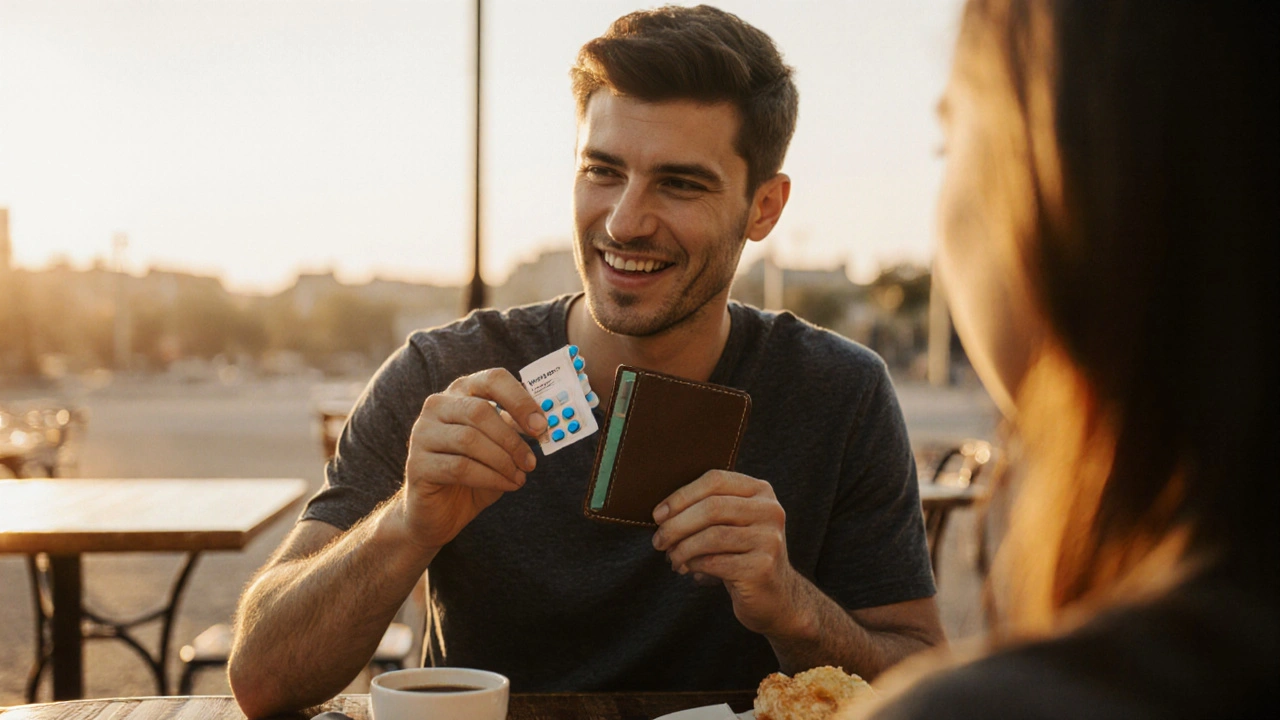 Man at a café showing a pocket pack of sublingual tablets.