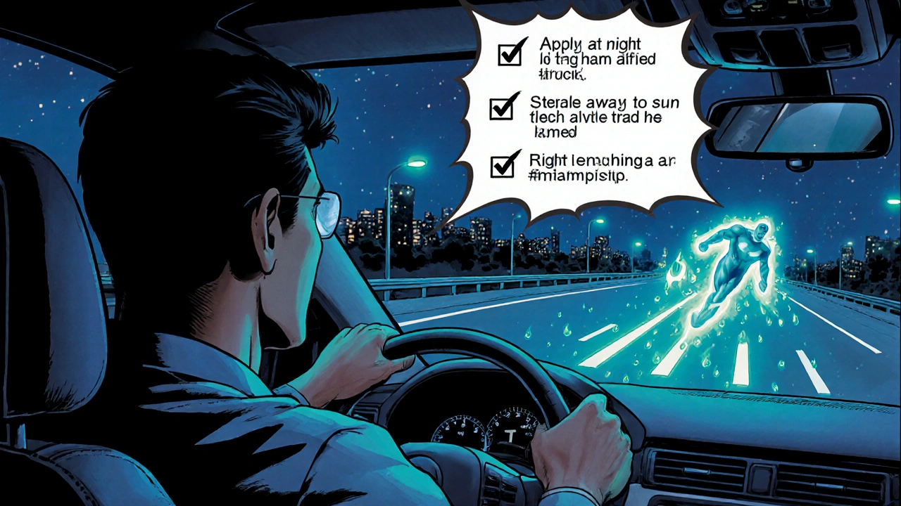 Night driver sees clear road guided by superhero’s droplet trail and checklist.