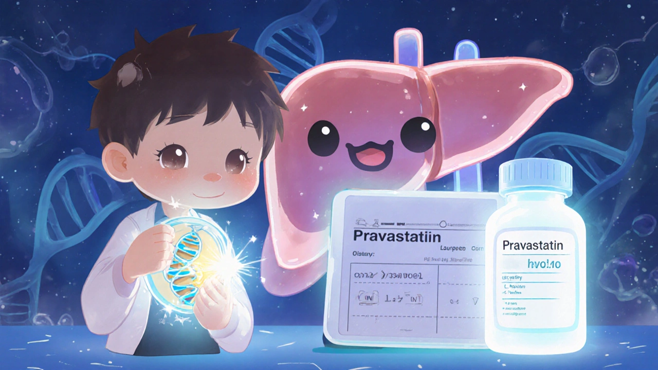 Patient and liver character viewing a personalized dosage chart with a pravastatin bottle.