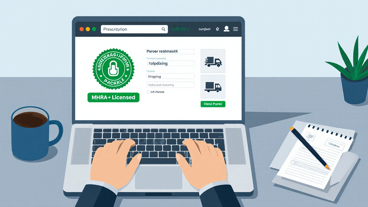 Person ordering medication online with MHRA badge and prescription upload icon on laptop screen.
