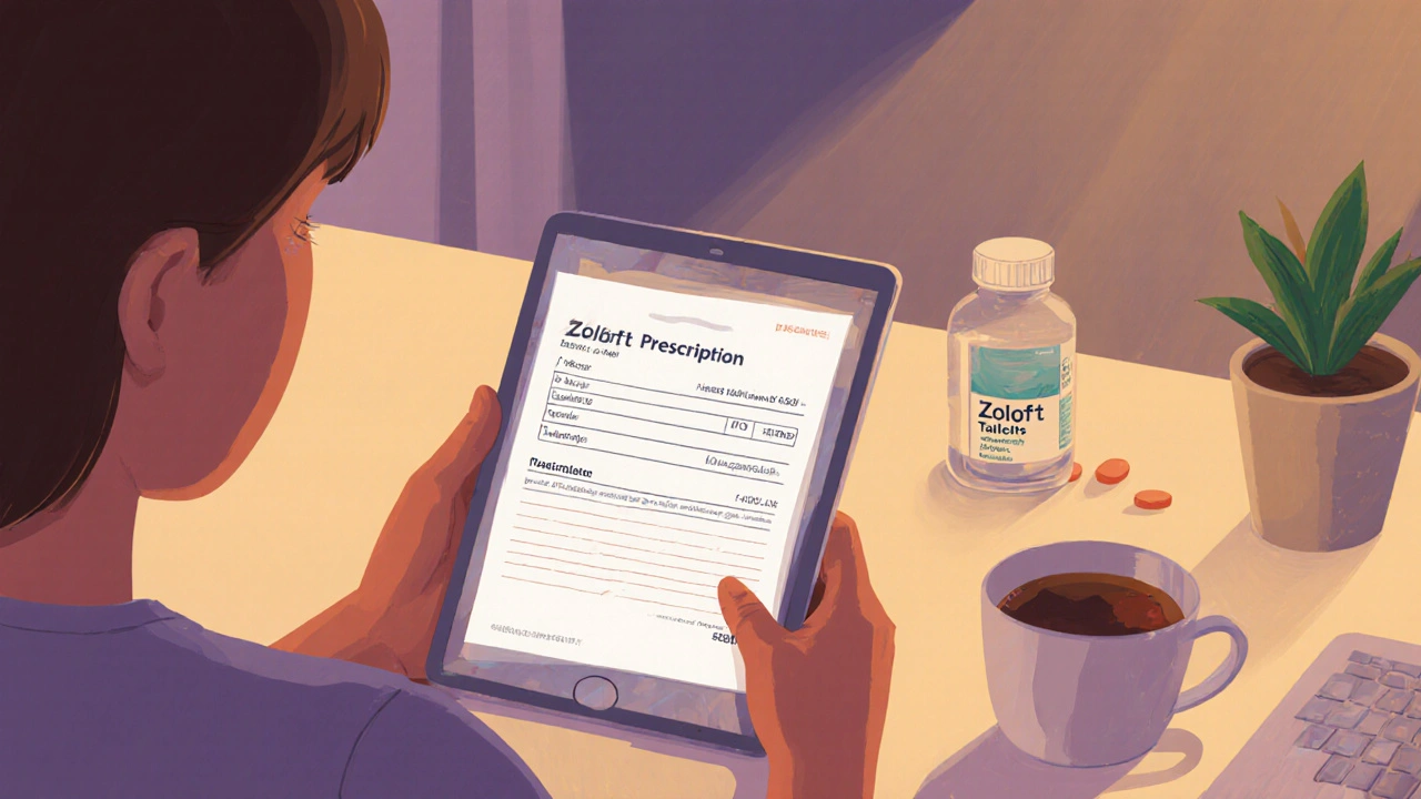 Person reviews a digital prescription at a desk with a bottle of generic Zoloft nearby.