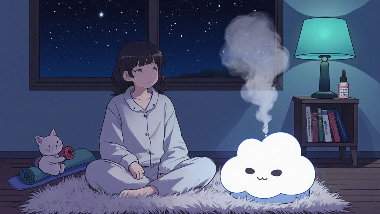 Relaxed character in cotton loungewear using a humidifier, yoga mat, and moisturizer in a calm room.