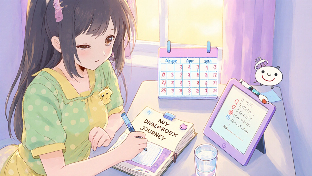 Teen writing in a diary with a smiling tablet, calendar, and blood‑work reminders.