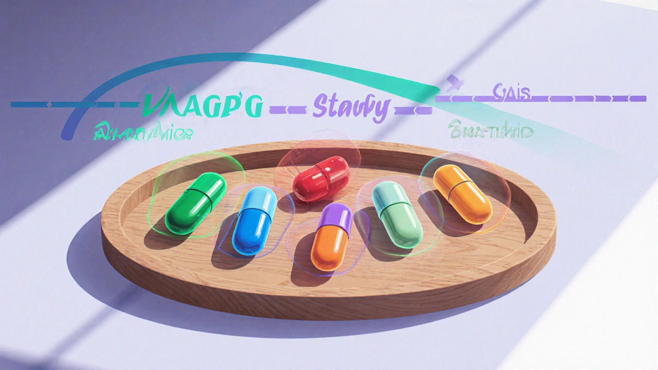 Tray of various ED medication pills in distinct colors with a timeline hint behind them.