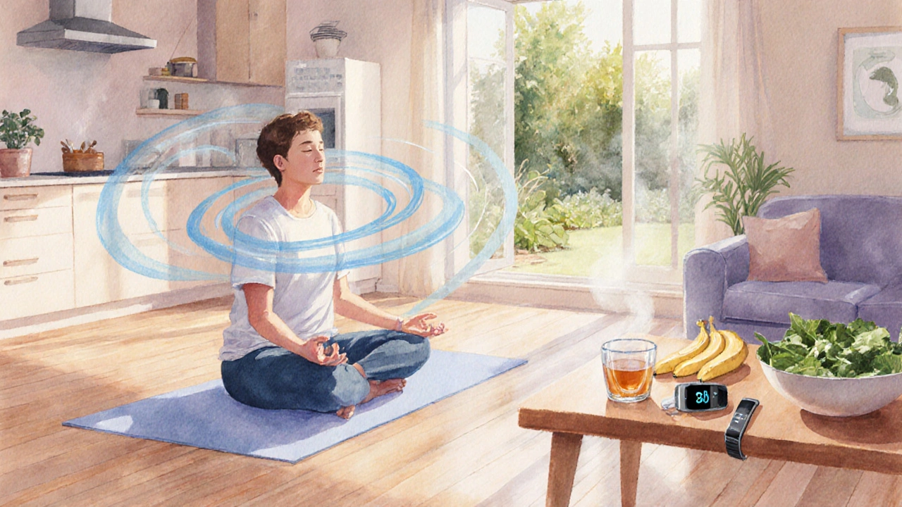 Watercolor of a person breathing, eating potassium‑rich foods, and doing gentle yoga.