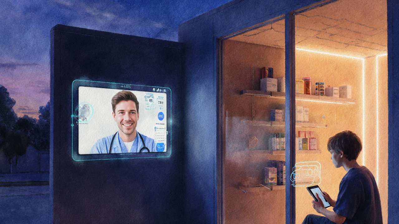 Watercolor of a teen using a tablet for telehealth in a modern school health hub at dusk.