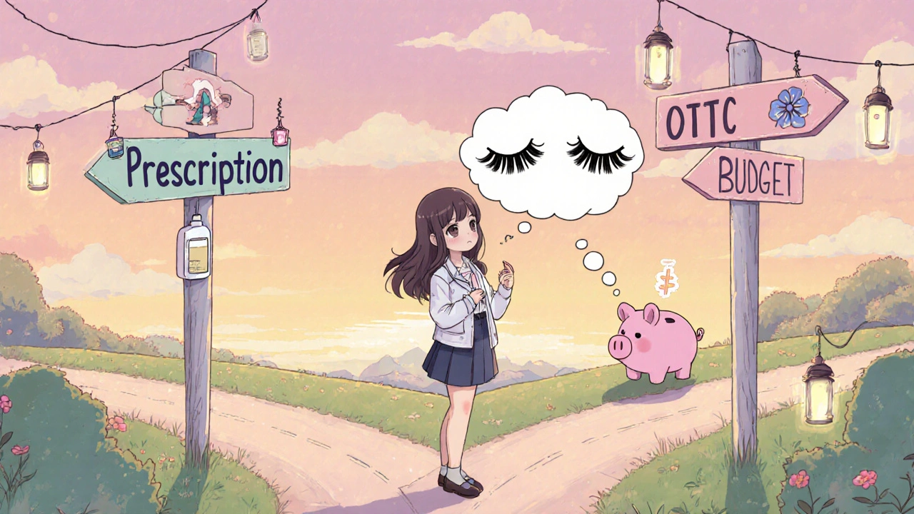 Woman at three signposts choosing between prescription, OTC, and budget options.