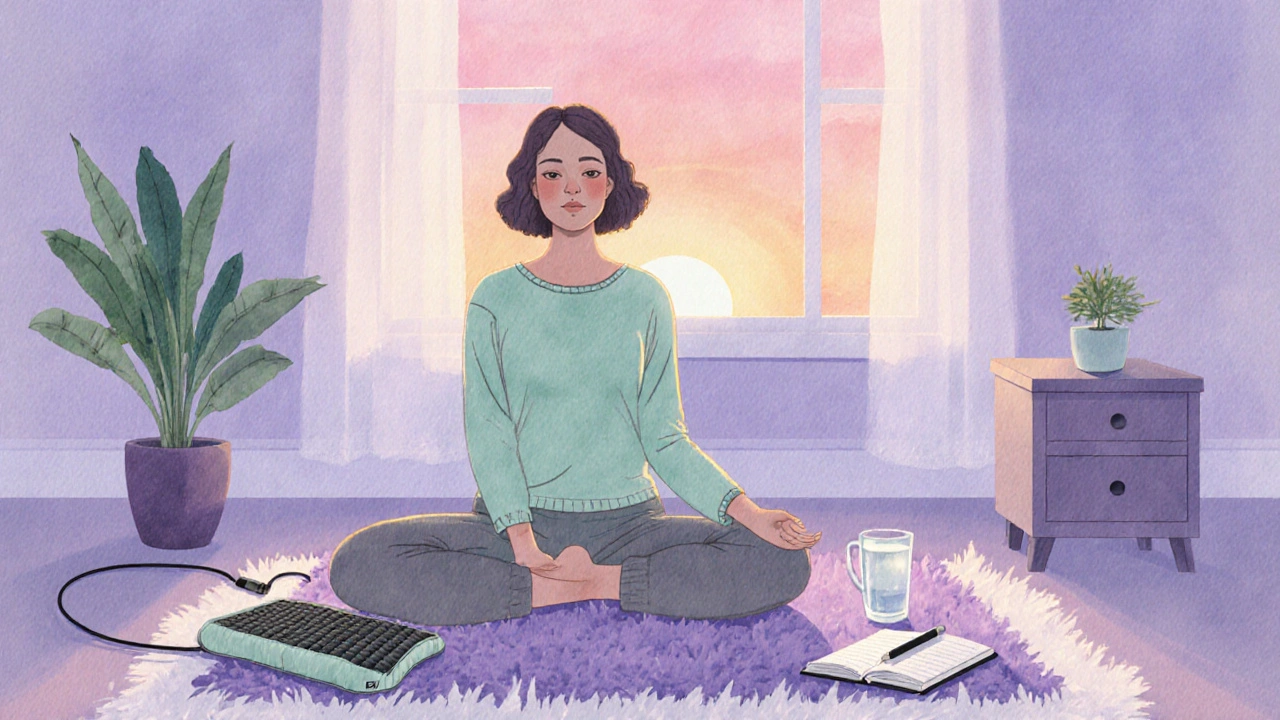 Woman doing yoga beside heating pad and journal in a sunlit pastel bedroom.