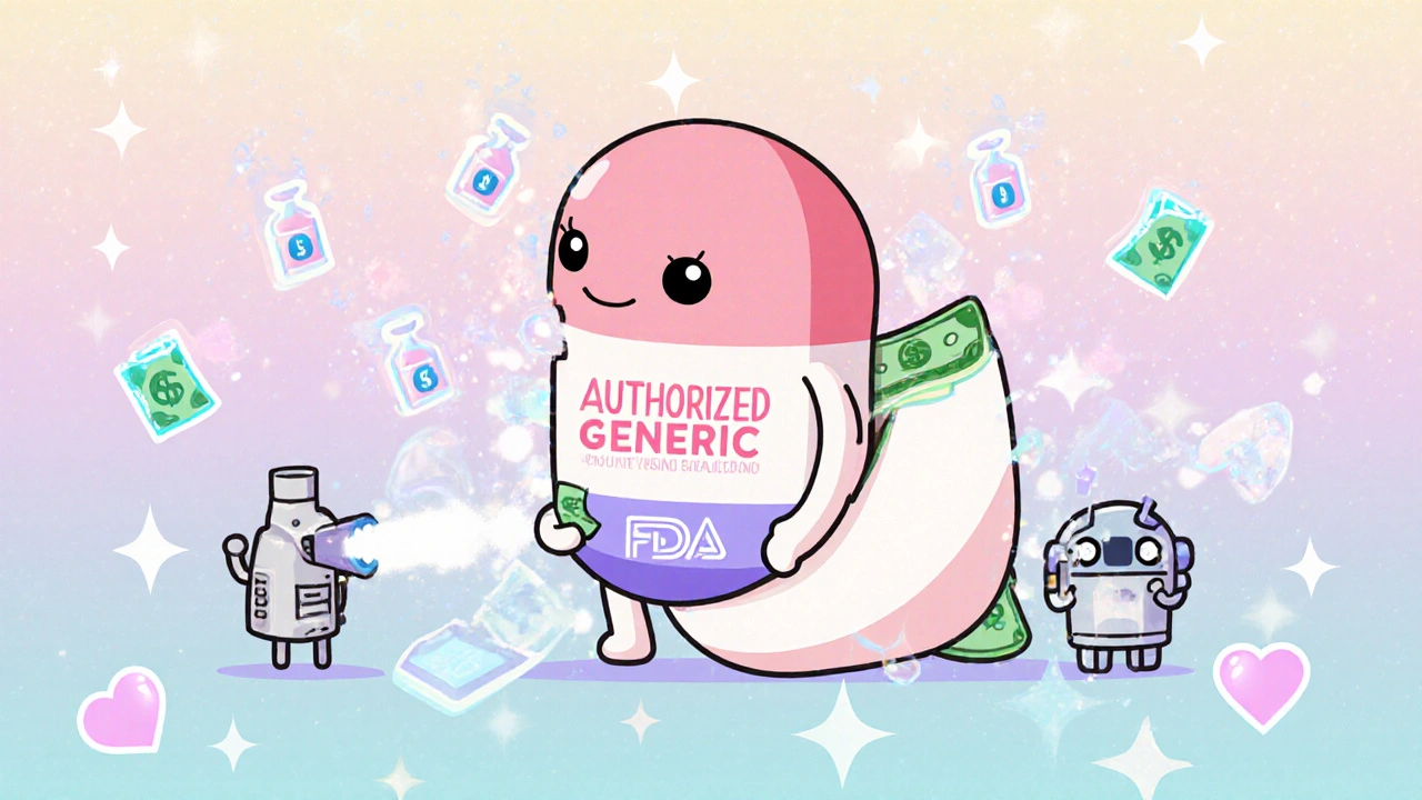 A brand-name drug dropping an authorized generic twin that hugs the first-mover pill, causing profits to fly away.