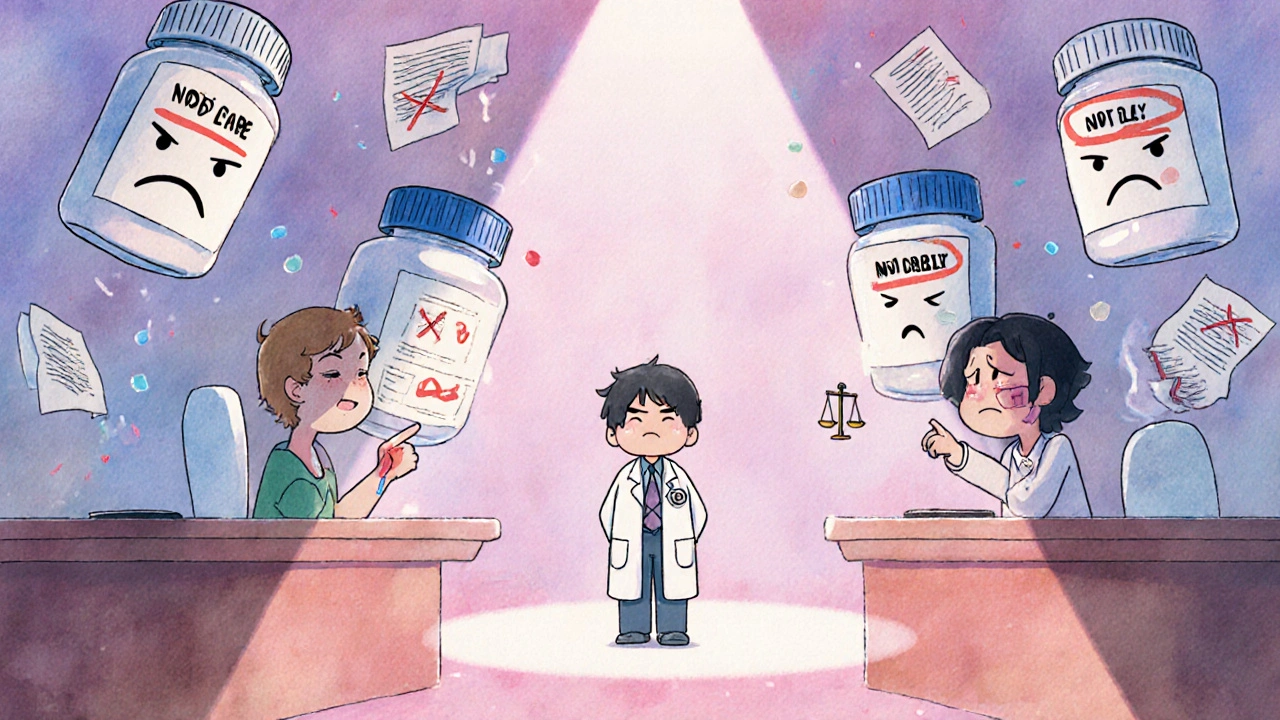 A doctor faces a courtroom with giant &#039;NOT LIABLE&#039; generic pills and an accusing patient in kawaii style.