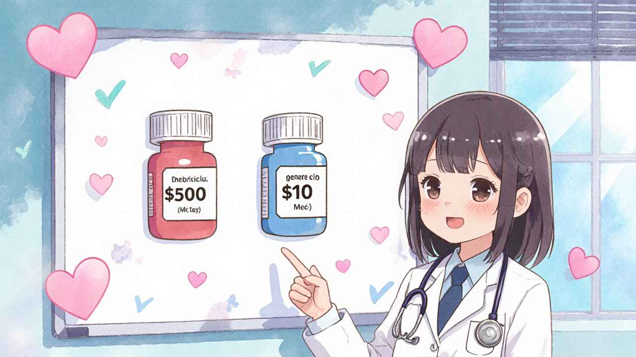 A doctor points to a whiteboard comparing expensive and cheap medication options with hearts and checkmarks.
