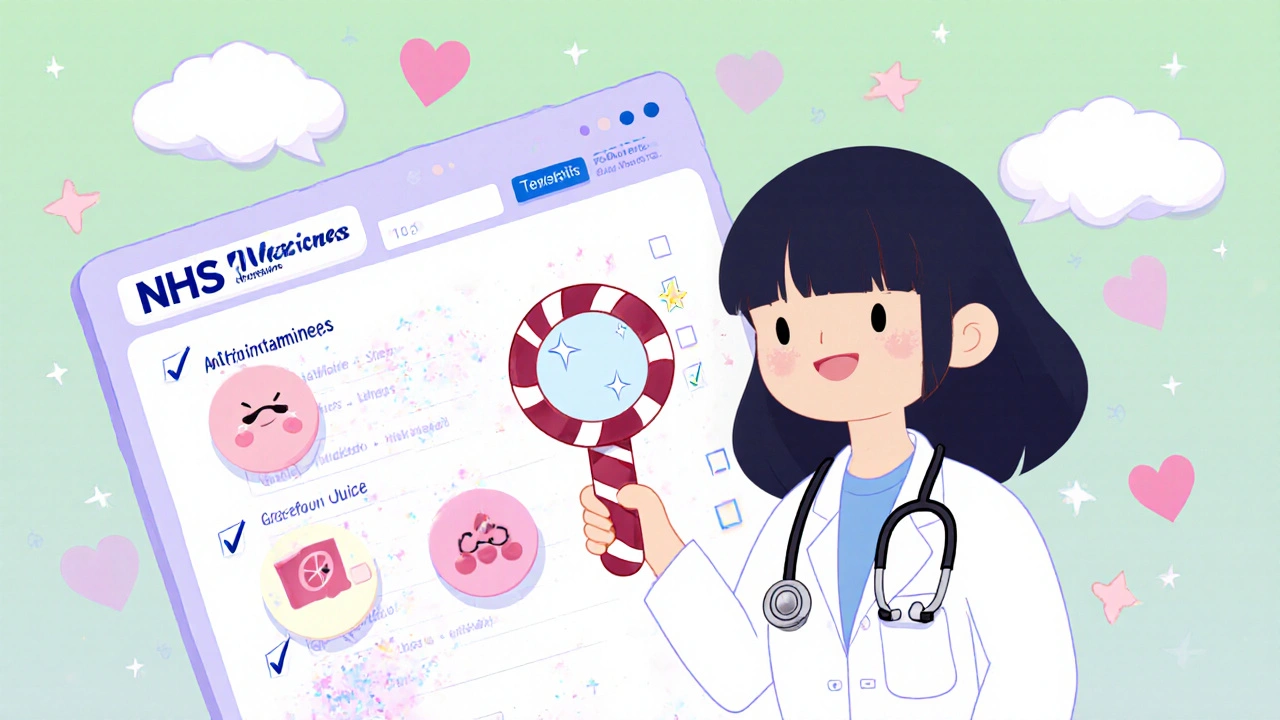 A friendly pharmacist checking medications with floating drug icons and an NHS checker screen in kawaii style.