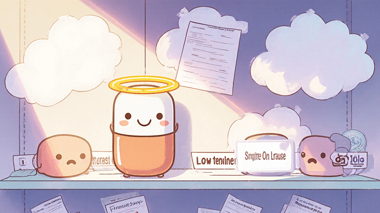 A glowing first-mover generic pill on a shelf, surrounded by sad competitors blocked by invisible barriers.