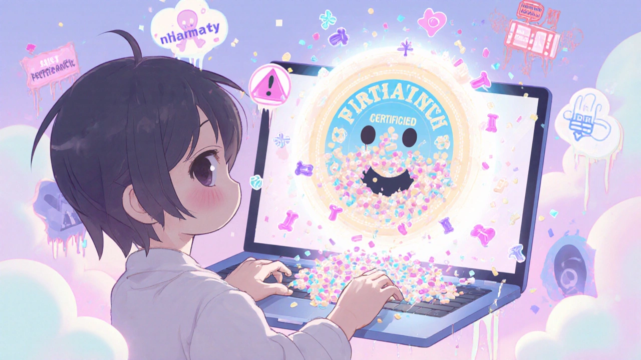 A kawaii-style VIPPS seal turning into a creepy pill-faced monster with fentanyl symbols bursting out.